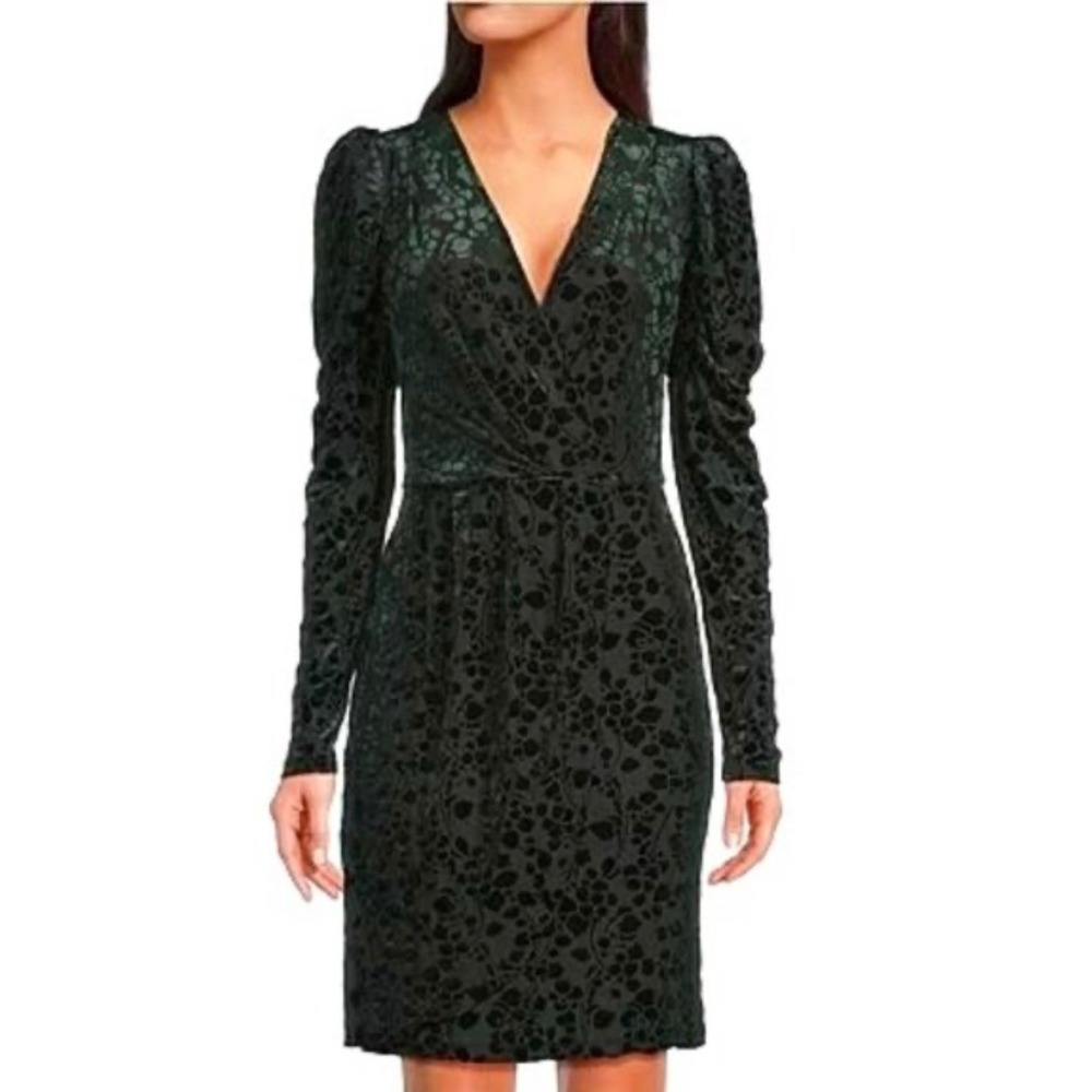 NEW Tommy Hilfiger Puff Sleeve Burnout Velvet Floral Faux Wrap Dress 10